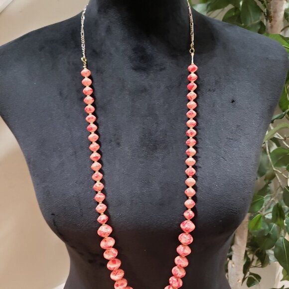 Women's Fashion Natural Ruby Pink Round Beaded Long Necklace with Round Clasp - Picture 2 of 7